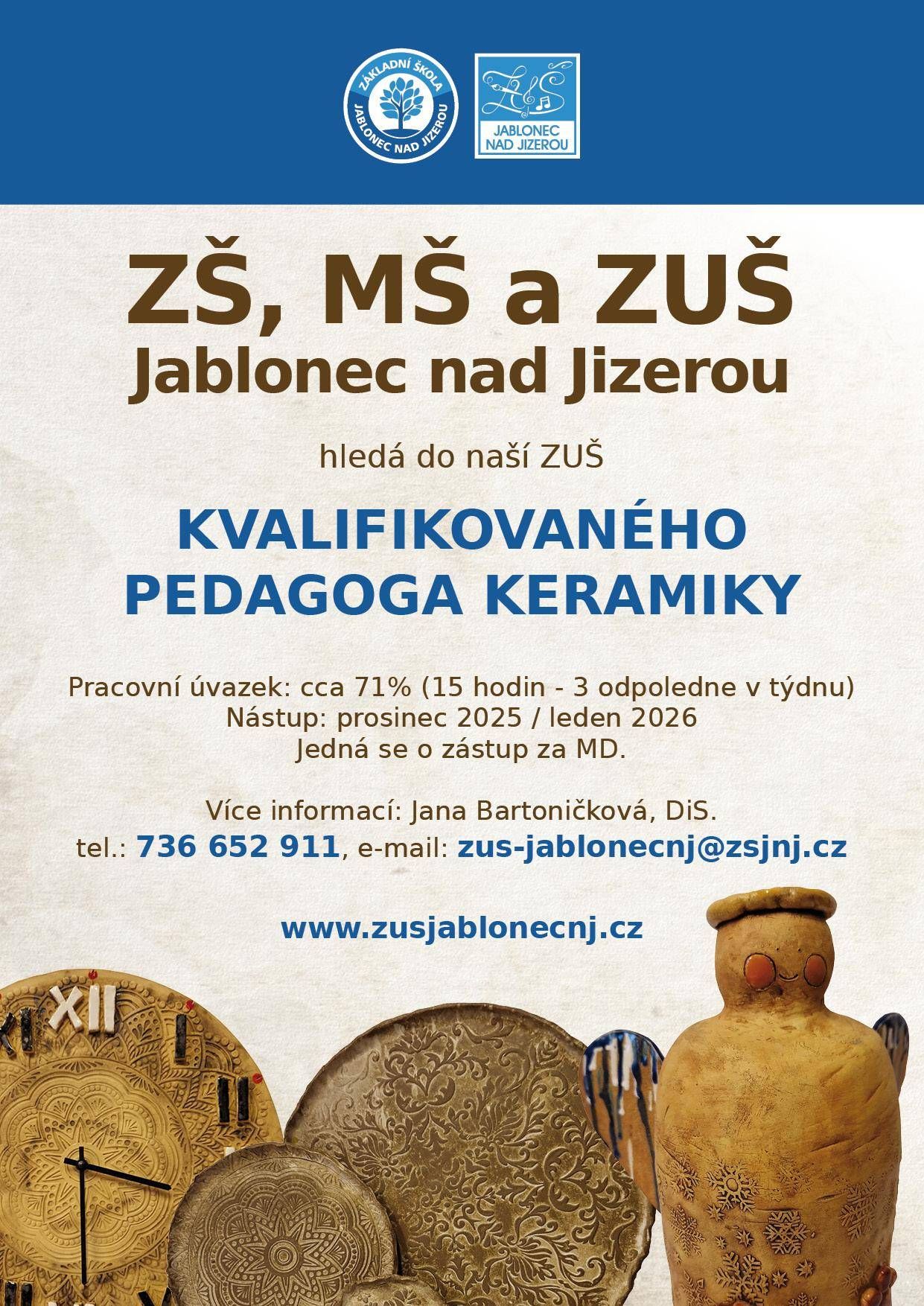 ZUŠ hledá kvalifikovaného pedagoga keramiky